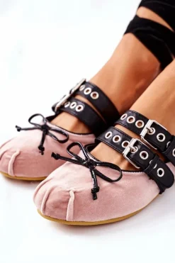 Wiązane Welurowe Baleriny Lu Boo Beżowe