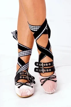 Wiązane Welurowe Baleriny Lu Boo Różowe