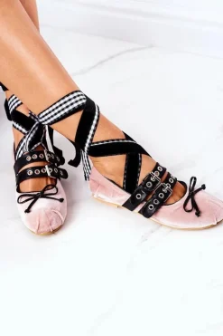 Wiązane Welurowe Baleriny Lu Boo Różowe