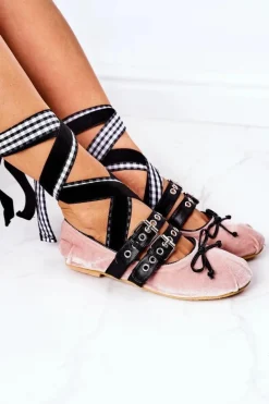 Wiązane Welurowe Baleriny Lu Boo Różowe