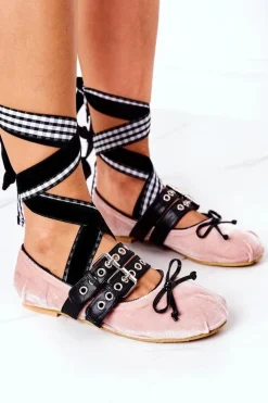 Wiązane Welurowe Baleriny Lu Boo Różowe