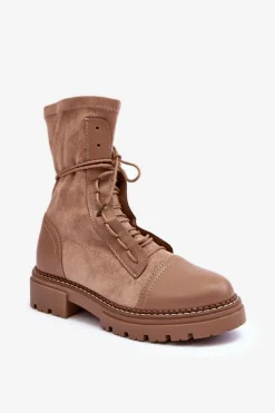 Wiązane Zamszowe Botki Damskie Beżowe Marirla