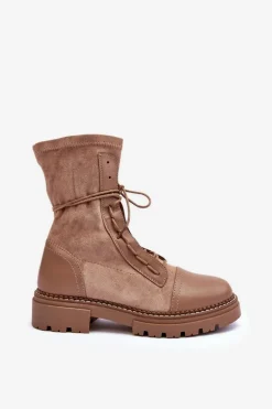Wiązane Zamszowe Botki Damskie Beżowe Marirla