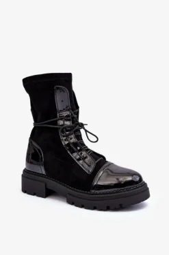 Wiązane Zamszowe Botki Damskie Czarne Marirla