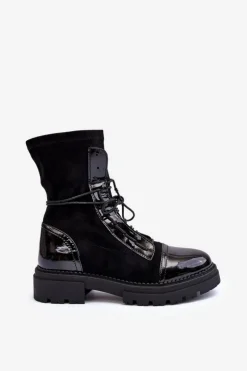 Wiązane Zamszowe Botki Damskie Czarne Marirla