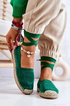 Wiązane Zamszowe Espadryle Ciemnozielone Ismanne