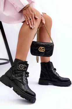 Workery Botki Damskie Z Ozdobą Czarne Toye