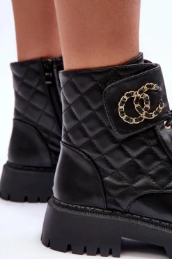 Workery Botki Damskie Z Ozdobą Czarne Toye