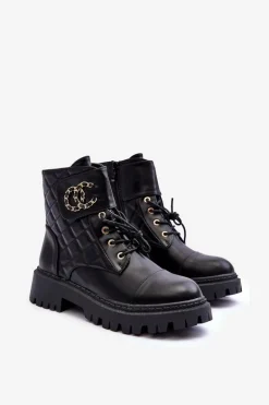 Workery Botki Damskie Z Ozdobą Czarne Toye