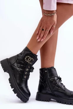 Workery Botki Damskie Z Ozdobą Czarne Toye