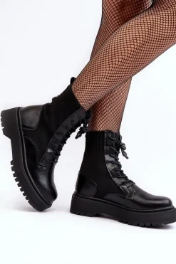 Workery Botki Damskie Ze Skarpetą Sznurowane Czarne Dedinva