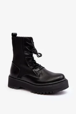 Workery Botki Damskie Ze Skarpetą Sznurowane Czarne Dedinva