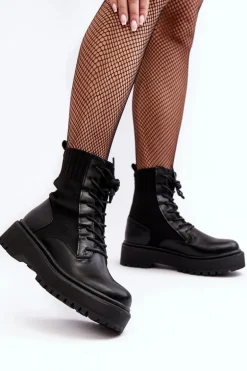 Workery Botki Damskie Ze Skarpetą Sznurowane Czarne Dedinva