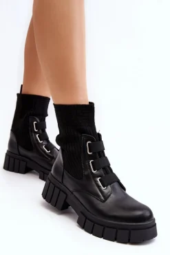 Workery Botki Na Płaskim Obcasie Ze Skarpetą Czarne Inogoi