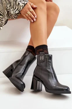 Wężowe Botki Damskie Na Słupku Skóra Naturalna Czarne Vinceza 66670