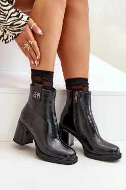 Wężowe Botki Damskie Na Słupku Skóra Naturalna Czarne Vinceza 66670