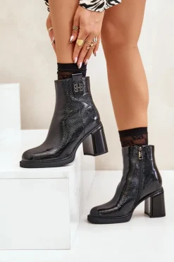Wężowe Botki Damskie Na Słupku Skóra Naturalna Czarne Vinceza 66670