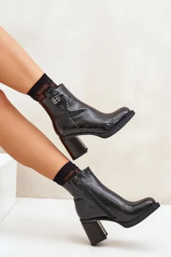 Wężowe Botki Damskie Na Słupku Skóra Naturalna Czarne Vinceza 66670
