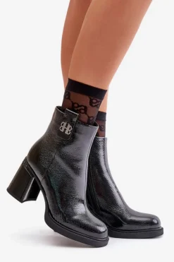 Wężowe Botki Damskie Na Słupku Skóra Naturalna Czarne Vinceza 66670