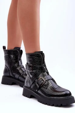Wężowe Botki Damskie Z Paskami Czarne Leora