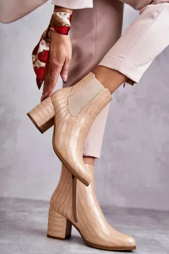 Wężowe Skórzane Botki La.Fi 260038BE-XC Beżowe