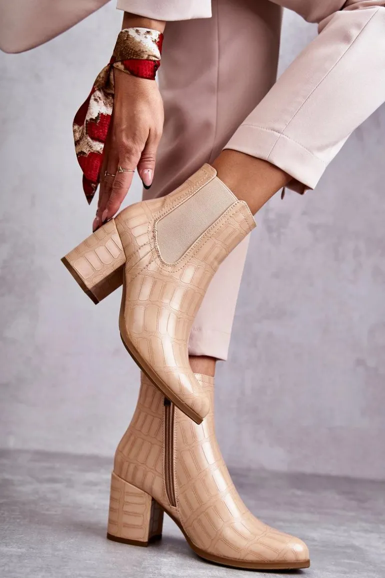 Wężowe Skórzane Botki La.Fi 260038BE-XC Beżowe