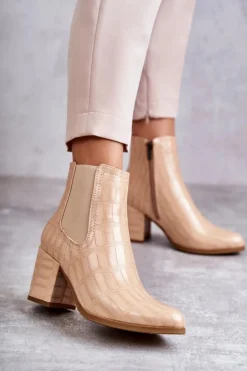 Wężowe Skórzane Botki La.Fi 260038BE-XC Beżowe