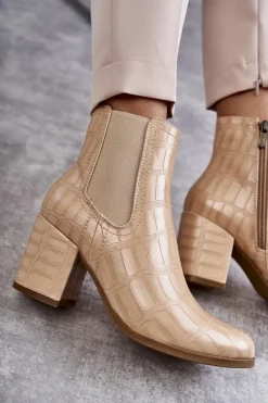 Wężowe Skórzane Botki La.Fi 260038BE-XC Beżowe
