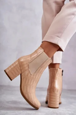 Wężowe Skórzane Botki La.Fi 260038BE-XC Beżowe