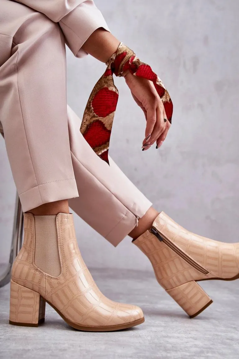 Wężowe Skórzane Botki La.Fi 260038BE-XC Beżowe