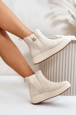 Wsuwane Botki Damskie Na Platformie Z Przypinką Eko Zamszowe Jasnobeżowe Ciatheia