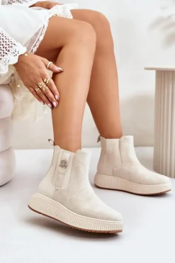 Wsuwane Botki Damskie Na Platformie Z Przypinką Eko Zamszowe Jasnobeżowe Ciatheia