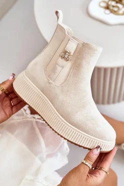 Wsuwane Botki Damskie Na Platformie Z Przypinką Eko Zamszowe Jasnobeżowe Ciatheia