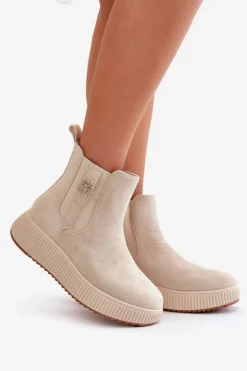 Wsuwane Botki Damskie Na Platformie Z Przypinką Eko Zamszowe Jasnobeżowe Ciatheia