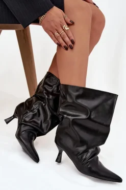 Wsuwane Botki Damskie Na Szpilce Z Marszczoną Cholewką Czarne Inarisse