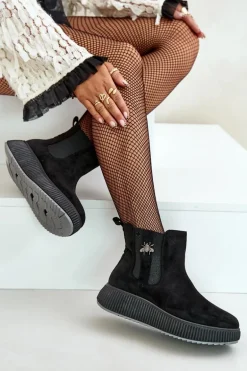 Wsuwane Botki Damskie Na Platformie Z Przypinką Eko Zamszowe Czarne Ciatheia