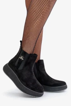 Wsuwane Botki Damskie Na Platformie Z Przypinką Eko Zamszowe Czarne Ciatheia
