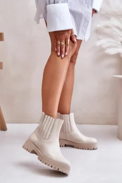 Wsuwane Botki Damskie Na Płaskim Obcasie Skórzane Lewski 3611 Jasnobeżowe