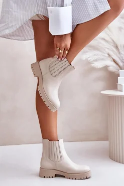 Wsuwane Botki Damskie Na Płaskim Obcasie Skórzane Lewski 3611 Jasnobeżowe