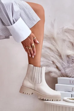 Wsuwane Botki Damskie Na Płaskim Obcasie Skórzane Lewski 3611 Jasnobeżowe