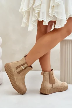 Wsuwane Botki Damskie Na Platformie Z Przypinką Eko Zamszowe Brązowe Ciatheia