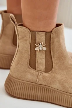 Wsuwane Botki Damskie Na Platformie Z Przypinką Eko Zamszowe Brązowe Ciatheia