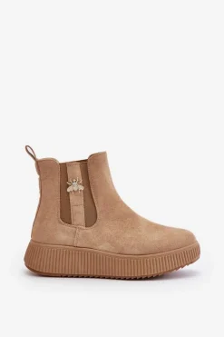 Wsuwane Botki Damskie Na Platformie Z Przypinką Eko Zamszowe Brązowe Ciatheia