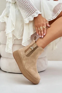 Wsuwane Botki Damskie Na Platformie Z Przypinką Eko Zamszowe Brązowe Ciatheia