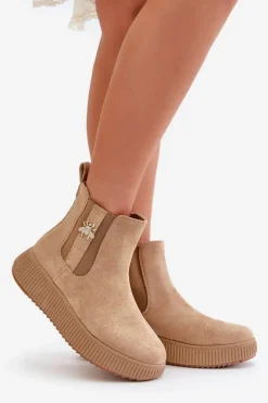 Wsuwane Botki Damskie Na Platformie Z Przypinką Eko Zamszowe Brązowe Ciatheia