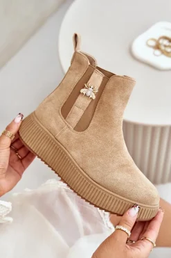 Wsuwane Botki Damskie Na Platformie Z Przypinką Eko Zamszowe Brązowe Ciatheia