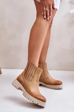 Wsuwane Botki Damskie Na Płaskim Obcasie Skórzane Lewski 3611 Brązowe