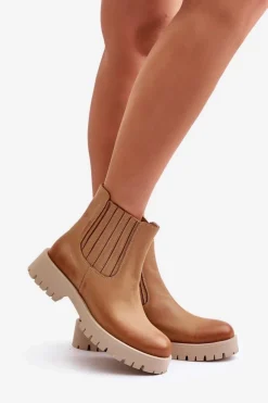 Wsuwane Botki Damskie Na Płaskim Obcasie Skórzane Lewski 3611 Brązowe