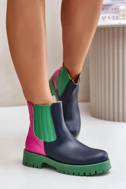 Wsuwane Botki Damskie Na Płaskim Obcasie Skórzane Lewski 3611 Multikolor