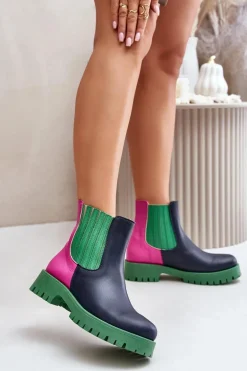 Wsuwane Botki Damskie Na Płaskim Obcasie Skórzane Lewski 3611 Multikolor